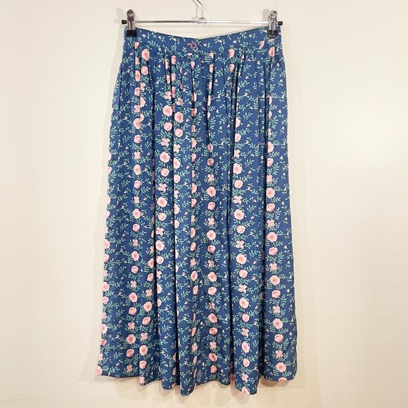 EUC Vintage Susan Bristol Floral Cottagecore Midi Skirt Blue Pink tag 8, 4/S fit - Picture 2 of 6